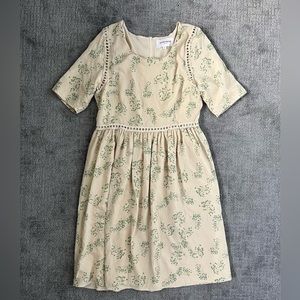 Floral Cream Dress with Green Accents